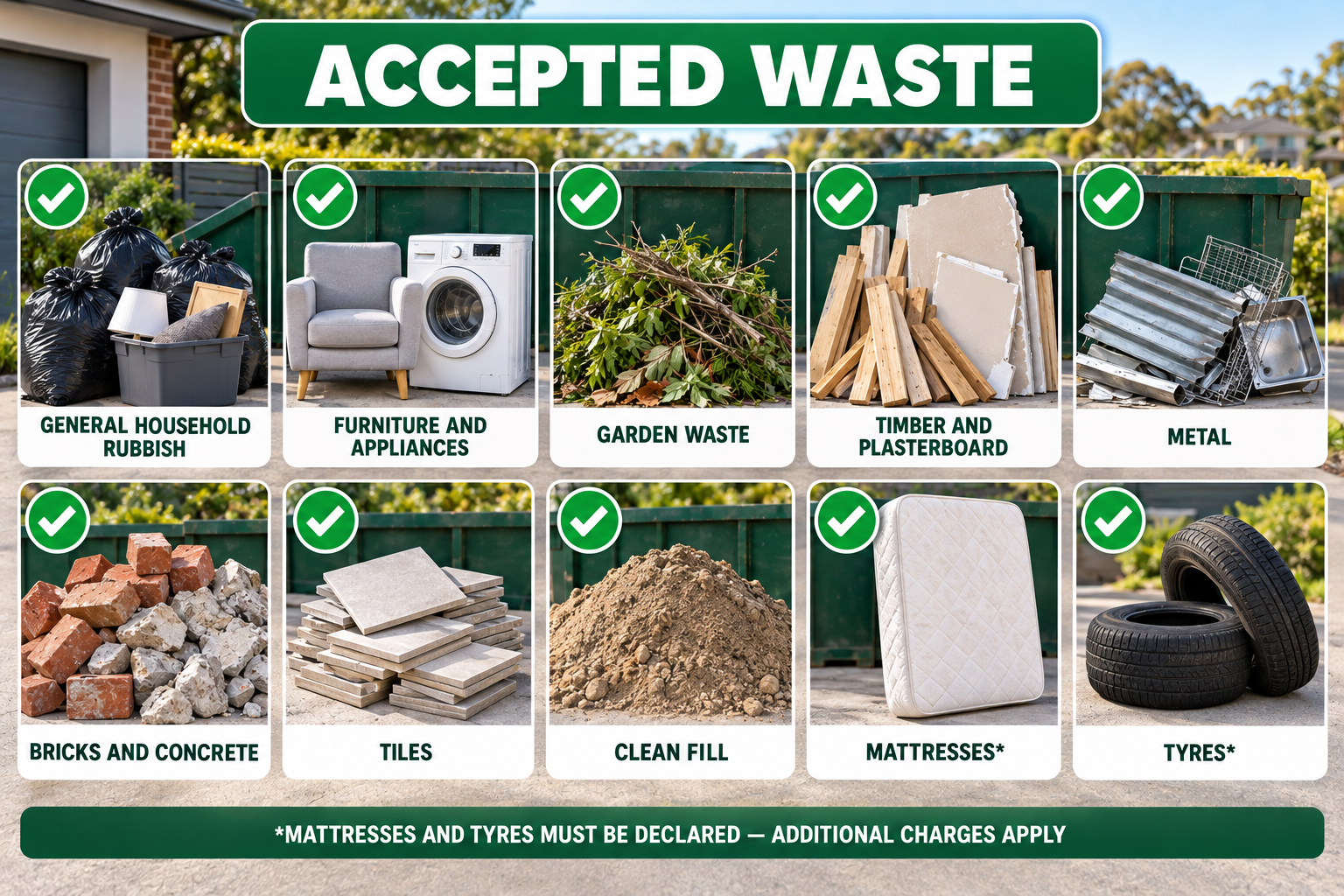 Waste accepted in our skip bins - general household rubbish, garden waste, timber, metal and tyres
