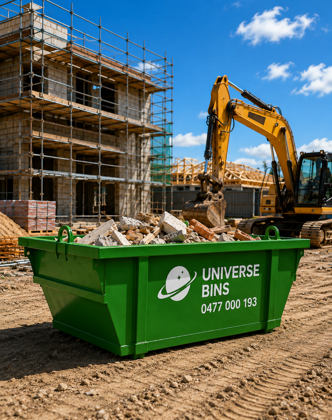 Timber, brick and concrete renovation waste in a skip bin on a building site